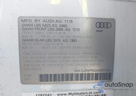 2016 Audi Q5 2.0T Premium z USA, uszkodzony, nr VIN WA1L2AFPXGA087356